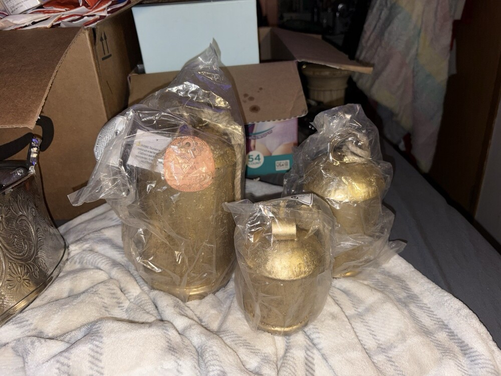 Set of 3 Handcrafted Indian Metal Bells โ Gold Finish โ $30